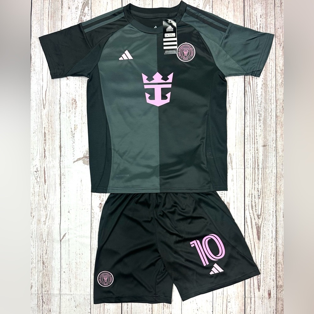 YOUTH Messi Adidas Soccer Jersey Kids Black/Pink Kit Jersey + Shorts 2pc Set